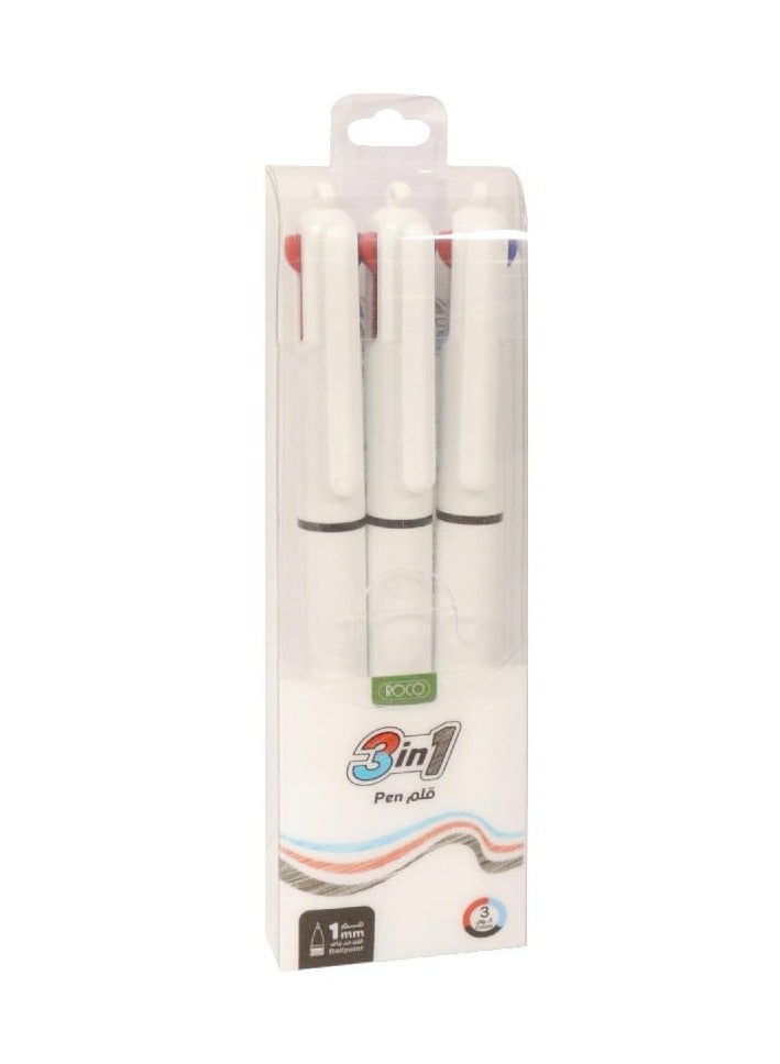 ROCO 3-in-1 Multi-Function Ballpoint Pen, Black/Blue/Red Ink, 1 mm, Set of 3 Pens - Image 1