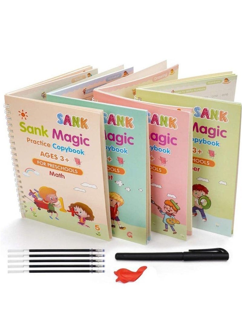 Magic Reusable Copybook Set for Kids Handwriting and Drawing Practice 4 Books with Pen and 10 Refills English Writing Workbook Early Learning Educational Kit - Image 1