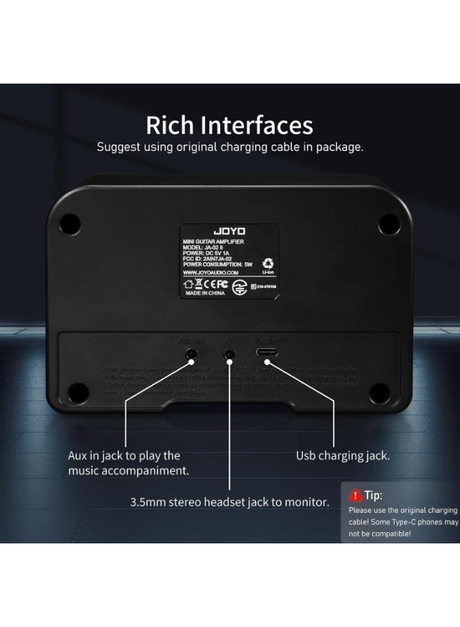 جويو مضخم جيتار كهربائي صغير 5 واط قابل لإعادة الشحن مع بلوتوث 5.0 وقناتي Clean و Overdrive – أمبليفاير تدريب محمول (JA-02 II) - Image 5