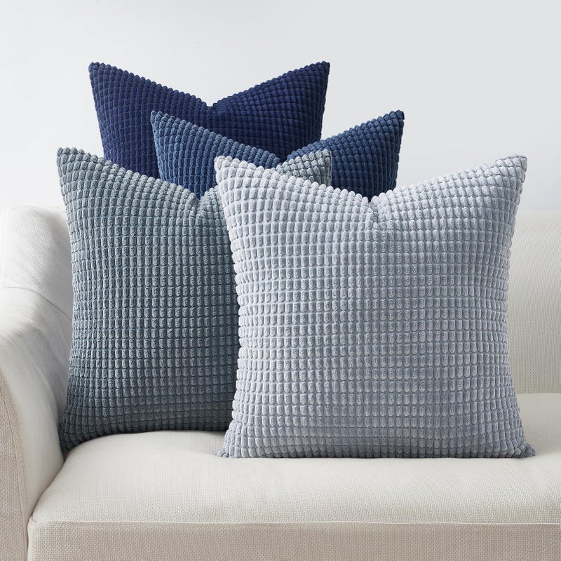 Topfinel 4 Packs Blue Decorative Throw Pillow Covers 16x16 Inch for Living Room Couch Bed Sofa Boho Western Farmhouse Home Decor Square Soft Moss Corduroy Fall Cushion Case 40x40 cm - Image 2