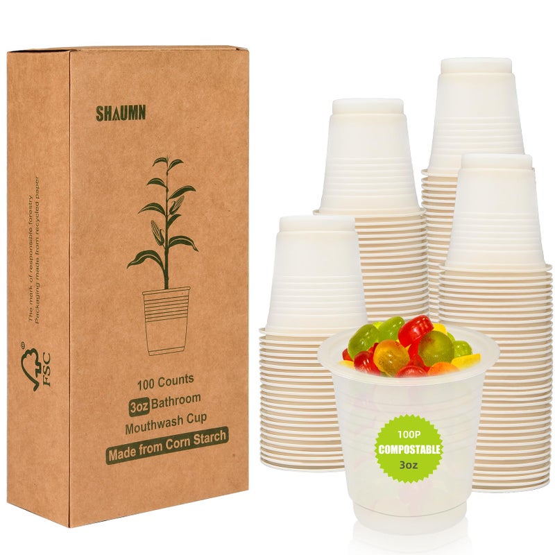 SHAUMN 3 oz Compostable Bathroom Cups 100pcs Disposable Rinse&Mouthwash Cups Small Snack Cups for Kids  Mini Drinking Cups for Party  Picnic  Office - Image 1