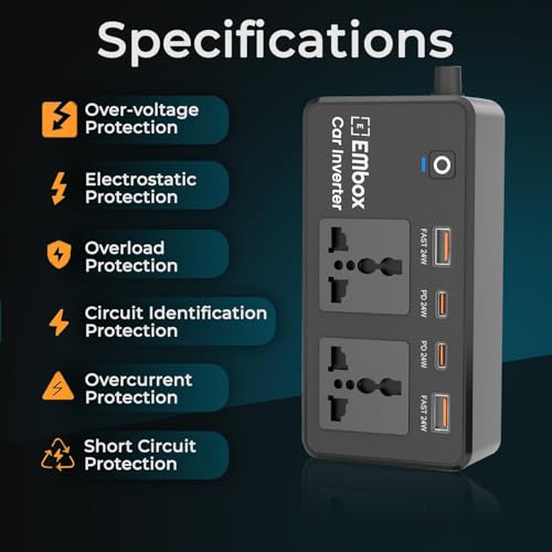 Embox 200W Car Power Inverter Laptop Charger with 2 USB (6.2A Max) & 2 C-Type (1 * 27WPD) Smart USB Ports, 2 AC Universal Outlets and 12V DC to 220V AC with QC3.0, Black - Image 4
