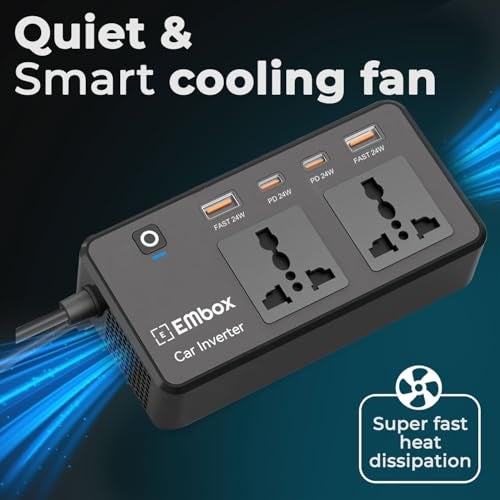 Embox 200W Car Power Inverter Laptop Charger with 2 USB (6.2A Max) & 2 C-Type (1 * 27WPD) Smart USB Ports, 2 AC Universal Outlets and 12V DC to 220V AC with QC3.0, Black - Image 3