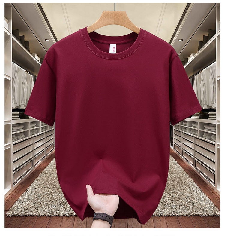 Heavy cotton T-shirt logo summer short sleeve overalls solid color round neck large size shirt jacket wholesale generation wine red