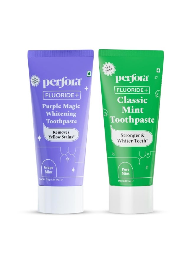 Perfora Teeth Whitening Toothpaste Combo | Classic Mint 80g & Purple Toothpaste 75g| SLS free | Enamel-Safe & Sensitivity-Free | For Cleaner and Stronger Teeth - Image 1
