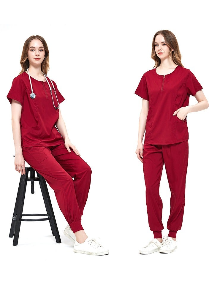 Solid V Neck Medical Scrubs Set，Medical Uniform Stretch Contrast Binding Top and Pants - Image 1