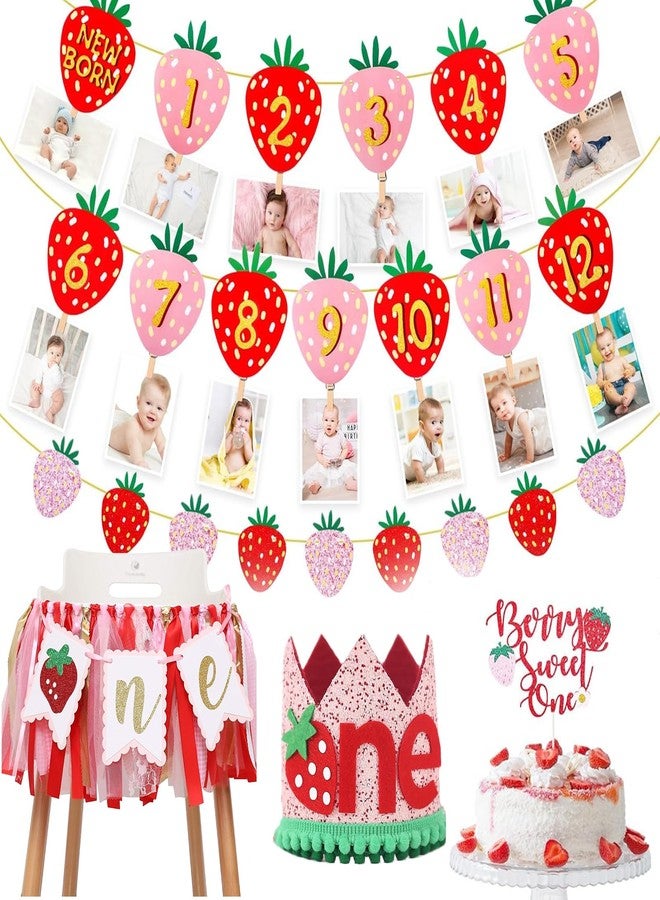 Oudain 6 Pcs Strawberry First Birthday Party Decoration Berry 1st Monthly Photo Banner and Strawberry High Chair Banner and Birthday Hat and Cake Topper for Baby Shower Souvenir 12 Months Kids Gifts - Image 1