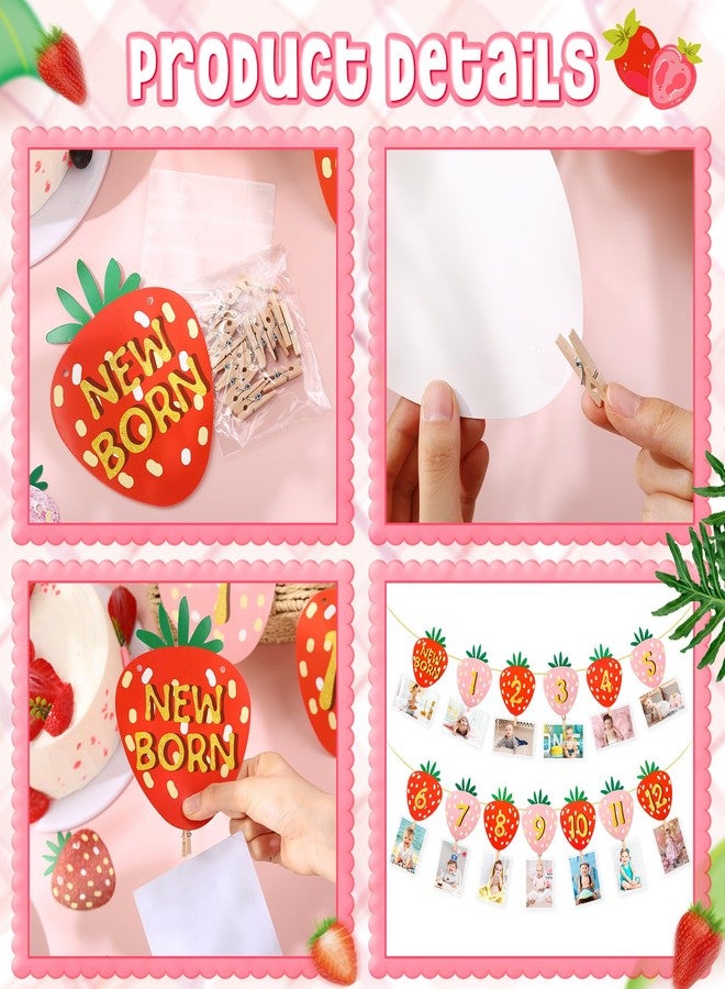 Oudain 6 Pcs Strawberry First Birthday Party Decoration Berry 1st Monthly Photo Banner and Strawberry High Chair Banner and Birthday Hat and Cake Topper for Baby Shower Souvenir 12 Months Kids Gifts - Image 4