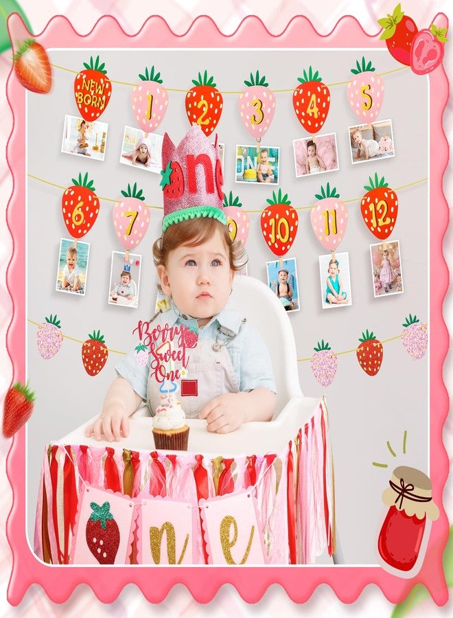 Oudain 6 Pcs Strawberry First Birthday Party Decoration Berry 1st Monthly Photo Banner and Strawberry High Chair Banner and Birthday Hat and Cake Topper for Baby Shower Souvenir 12 Months Kids Gifts - Image 2