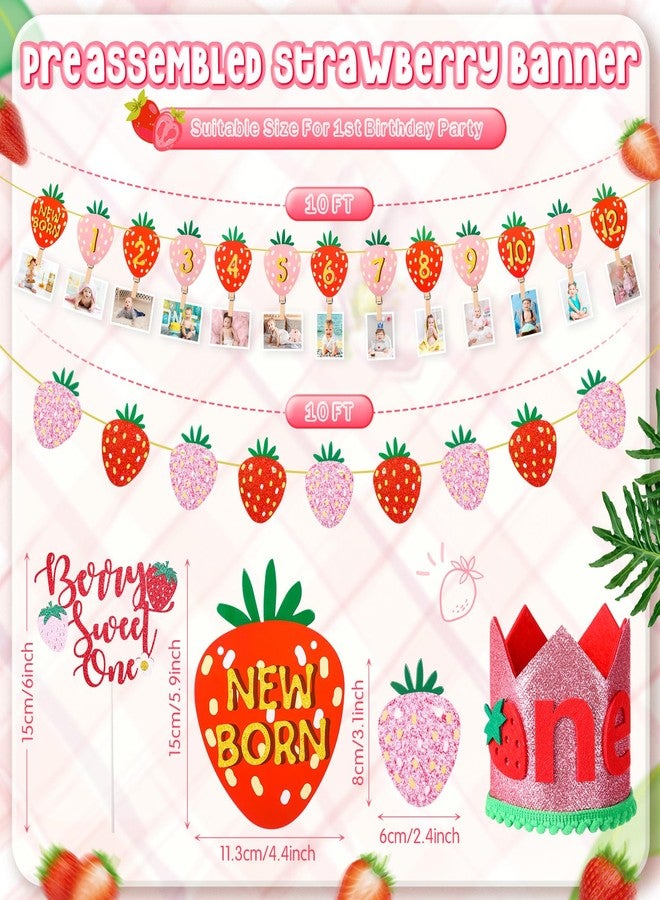 Oudain 6 Pcs Strawberry First Birthday Party Decoration Berry 1st Monthly Photo Banner and Strawberry High Chair Banner and Birthday Hat and Cake Topper for Baby Shower Souvenir 12 Months Kids Gifts - Image 3