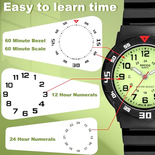SOCICO Children Analog Watch Waterproof Time Teaching Boys Girls Watch Soft Band Learning Time Wrist Watch for Kids (Black-pre-Sale) - Image 4