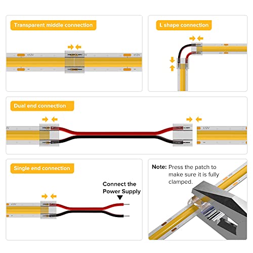 BTF-LIGHTING FCOB COB 8mm 0.31in Connector Kit 14pcs Transparent Connector 5pcs 15cm Long 20AWG Extension Wires for Non-Wired Gapless Solderless,FCOB 2 pin v+ v- Single Color Strip Corner Connection - Image 4