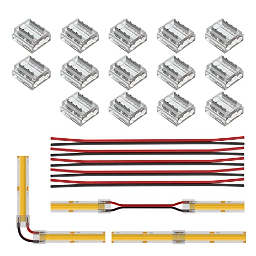 BTF-LIGHTING FCOB COB 8mm 0.31in Connector Kit 14pcs Transparent Connector 5pcs 15cm Long 20AWG Extension Wires for Non-Wired Gapless Solderless,FCOB 2 pin v+ v- Single Color Strip Corner Connection - Image 1