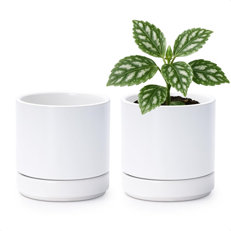 D'vine Dev Set of 2 Plants Pot, 4.7 Inch Ceramic Planter Pot for Plants with Drainage Hole and Saucer, White, 94-V-B-1 - Image 1