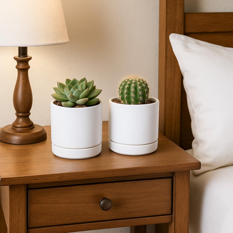 D'vine Dev Set of 2 Plants Pot, 4.7 Inch Ceramic Planter Pot for Plants with Drainage Hole and Saucer, White, 94-V-B-1 - Image 2