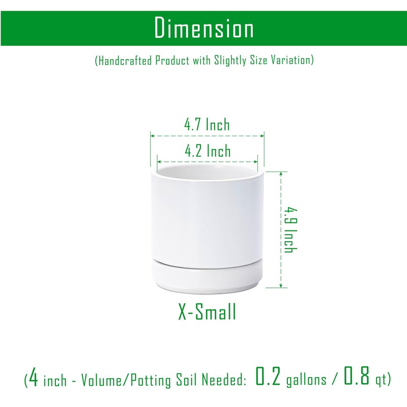 D'vine Dev Set of 2 Plants Pot, 4.7 Inch Ceramic Planter Pot for Plants with Drainage Hole and Saucer, White, 94-V-B-1 - Image 3