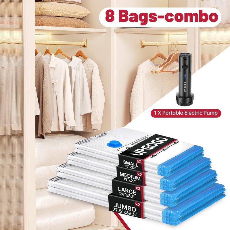 UPGOGO Vacuum Storage Bags with Portable Electric Pump,Vacuum Seal Bags for Clothing,Space Saver Bags,Vacuum Travel Bags for Luggage(Combo 8 Pack) - Image 2