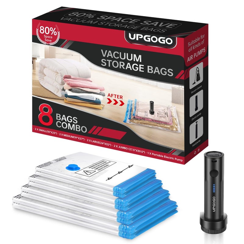 UPGOGO Vacuum Storage Bags with Portable Electric Pump,Vacuum Seal Bags for Clothing,Space Saver Bags,Vacuum Travel Bags for Luggage(Combo 8 Pack) - Image 1