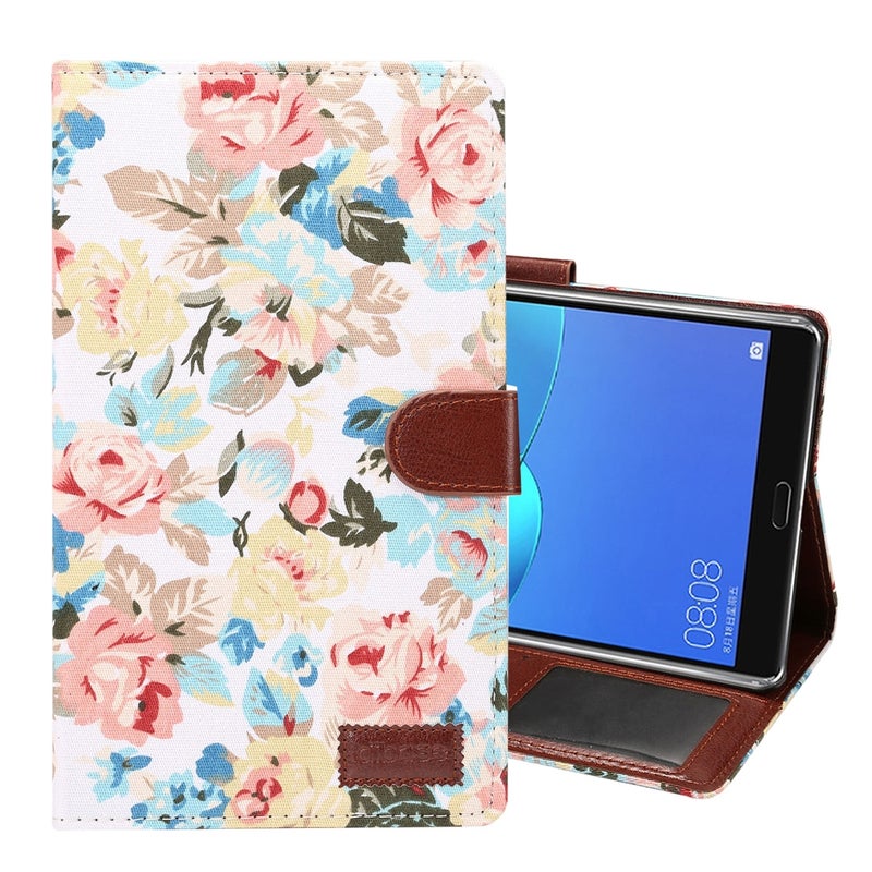 Dibase For Huawei Mediapad M5 8.4 Inch Flower Pattern Cloth Surface Pu Leather Case With Holder & Card Slots & Wallet & Sleep / Wake-Up Function(White) - Image 1