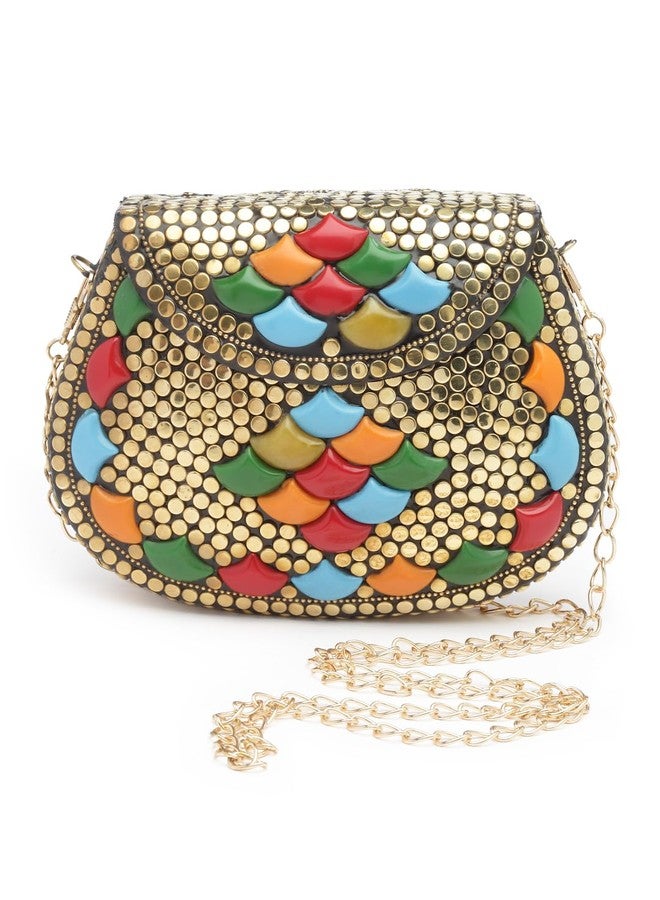 Anekaant Mosaic Gold & Multi Embellished Metal Clutch - Image 1