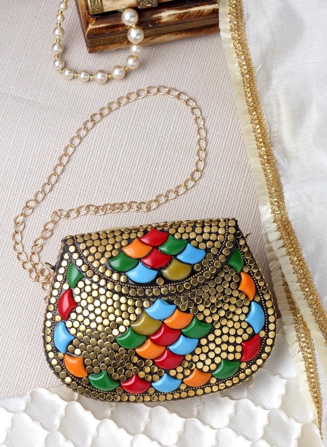 Anekaant Mosaic Gold & Multi Embellished Metal Clutch - Image 3