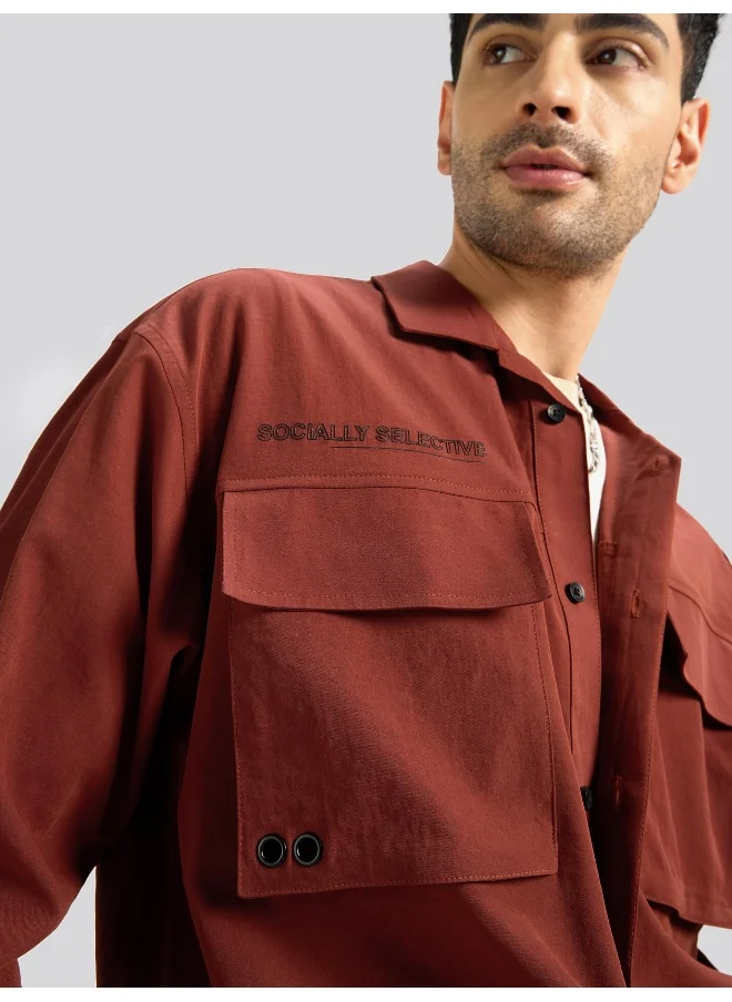 بيونغ Rust Brown Utility Pockets Urban Shirt for Men