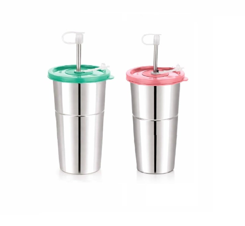 LIPSA ENTERPRISE Stainless Steel Fusion Glass Tumbler with Stainless Steel Metal Straws and Cleaning Brush with Lid (LD SIP (2) 600ML) - Image 1