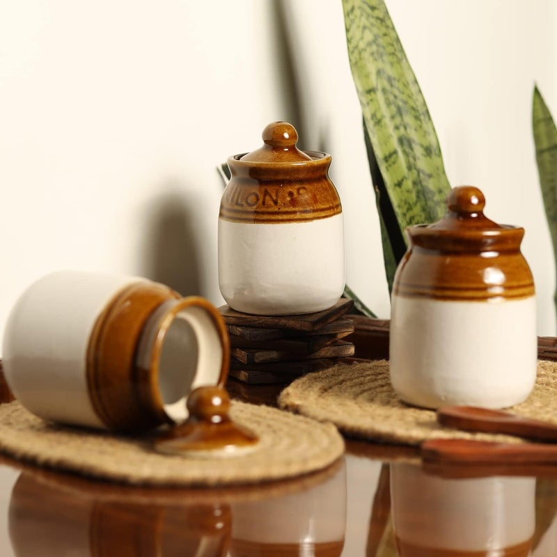 RAGYULA Beautiful Classic Old Fashioned Ceramic Pickle Storage Jar Set Of 2 Achar Barni 250Ml Dining Table Container for Kitchen Use Brown white - Image 5