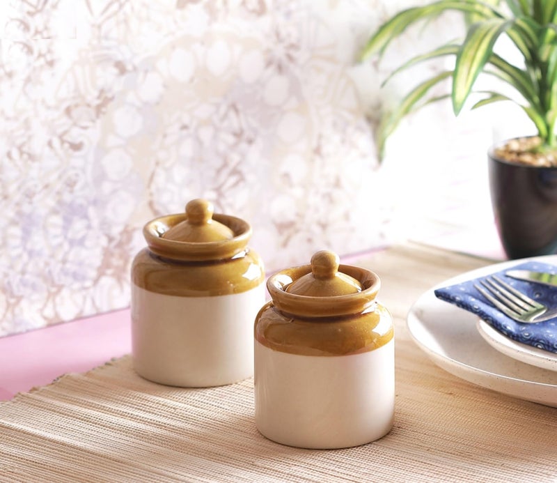 RAGYULA Beautiful Classic Old Fashioned Ceramic Pickle Storage Jar Set Of 2 Achar Barni 250Ml Dining Table Container for Kitchen Use Brown white - Image 2