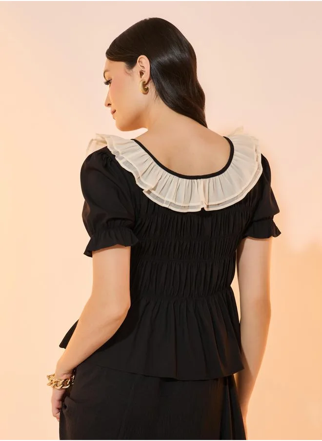 Styli Square Neck Ruffle Hem Smocking Detail Blouse