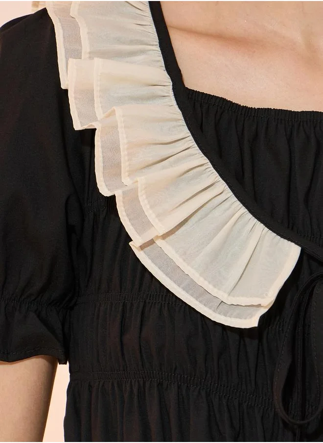 Styli Square Neck Ruffle Hem Smocking Detail Blouse