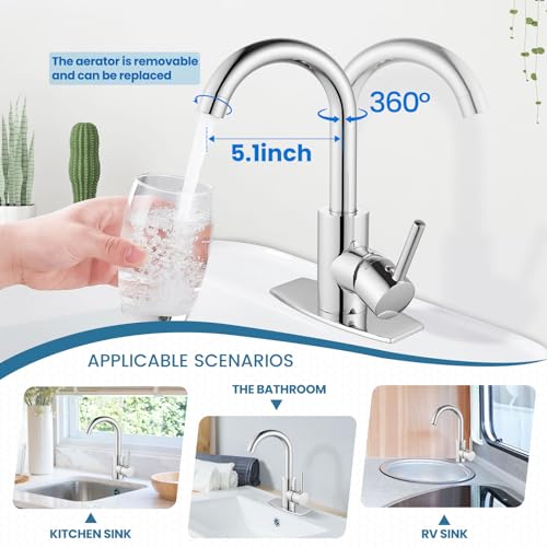 Airuida Bar Sink Faucet Single Hole Single Handle Bathroom Sink Faucet Kitchen Small Prep Wet Farmhouse RV Lavatory Vanity Mixer Tap 360 Degree Swivel Spout with Pop Up Drain Chrome Polish - Image 2