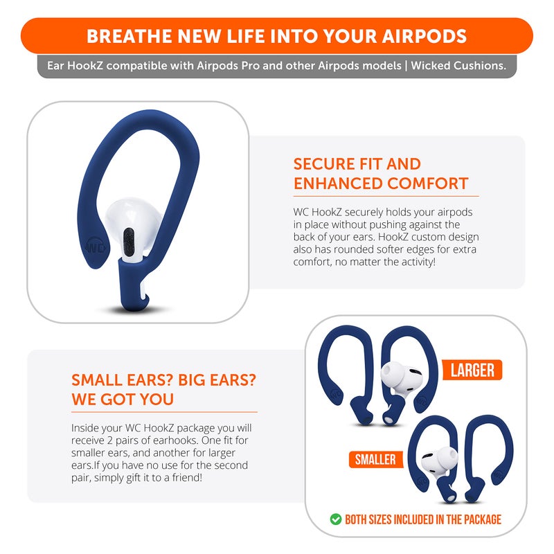 WC HookZ - Patented Upgraded Over Ear Hooks for AirPods Pro 1, 2 & AirPods 1, 2 & 3- Two Size Pairs Included in Package, Unique Left & Right Hook, Made by Wicked Cushions | Navy Blue - Image 4