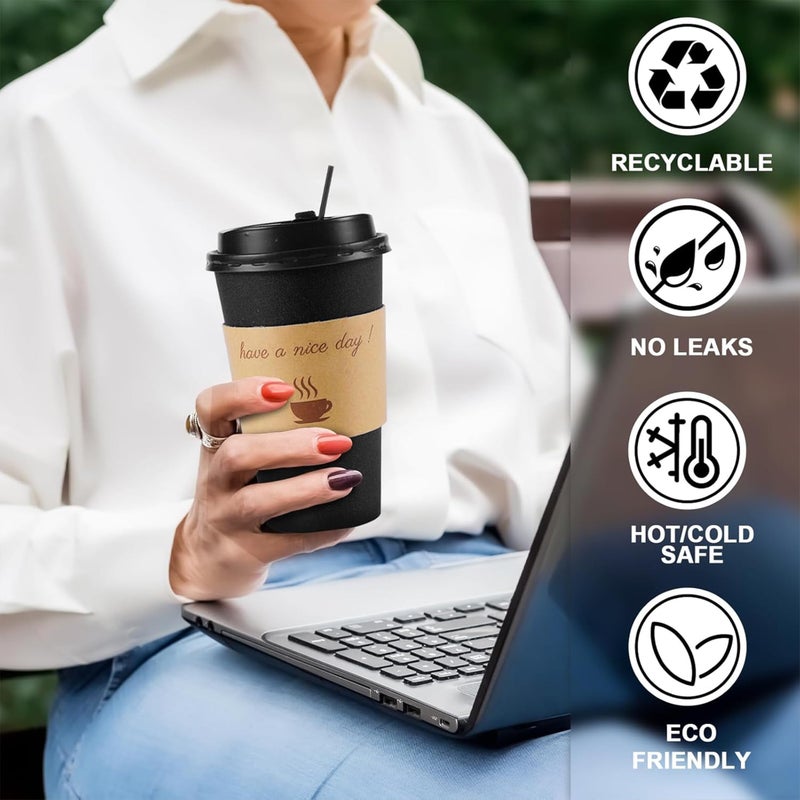 Clawsoff 100 Pack 16 oz Coffee Cups with Lids, Disposable To Go Paper Coffee Cups with Sleeves and Stirring Sticks for Hot/Cold Drinks Office Home Shop Event (Black) - Image 4