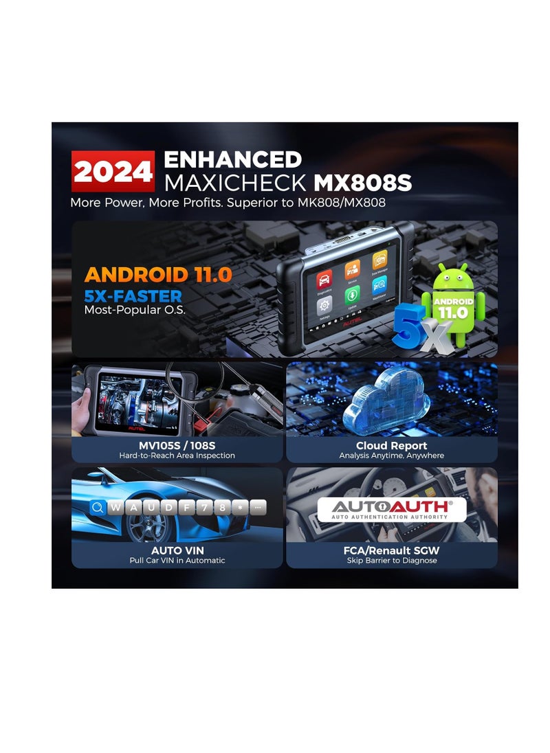 أوتل - الماسح الضوئي أوتل ماكسيكوم ماكسيكوم MX808S 2024 أداة ثنائية الاتجاه مثل MK808BT Pro MK808S M808Z وظيفة مثل MaxiCheck MX900 28+ خدمة اختبار نشط لجميع أنظمة تشخيص تشخيص حاقن ترميز الحاقن أندرويد 11 - Image 1
