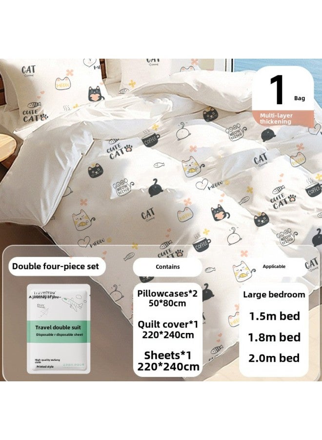 Disposable Bed Sheet Quilt Cover Bed Hat Four-piece Set Double Travel Dirty Winter Extra-large Thickened Household Hotel Supplies-Color:Double Suit [ab Face Coffee Cat] Get 2 Pairs Of Socks With Purchase  - Image 1