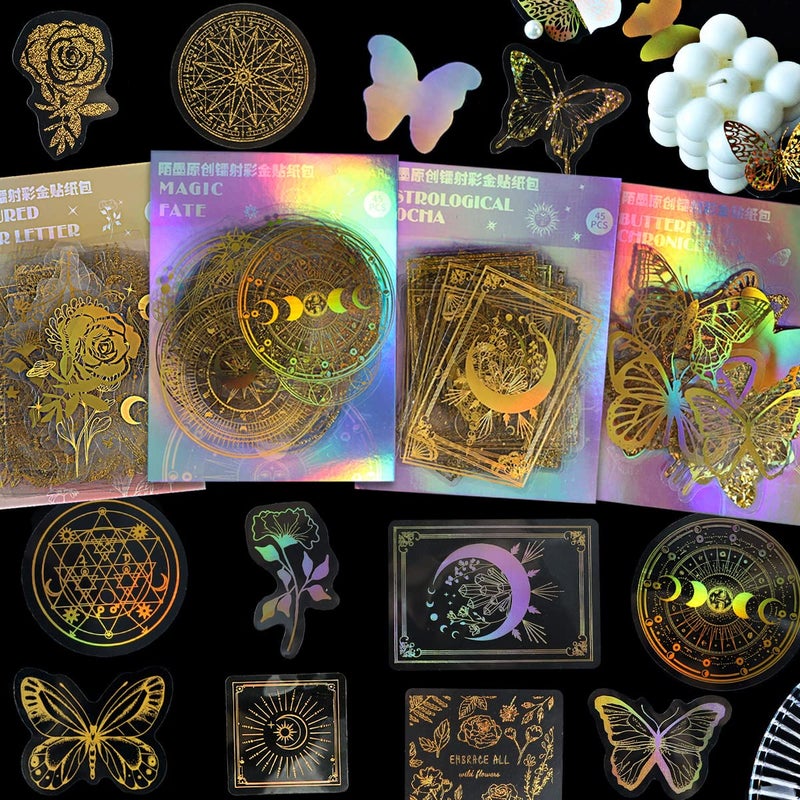 YASMEN 180 Pcs Holographic Gold Foil Vinyl Transparent Waterproof Stickers Set  Butterfly Flower Vintage Letter Resin for Journaling Scrapbook Planner Laptop Water Bottles 4 Themes 