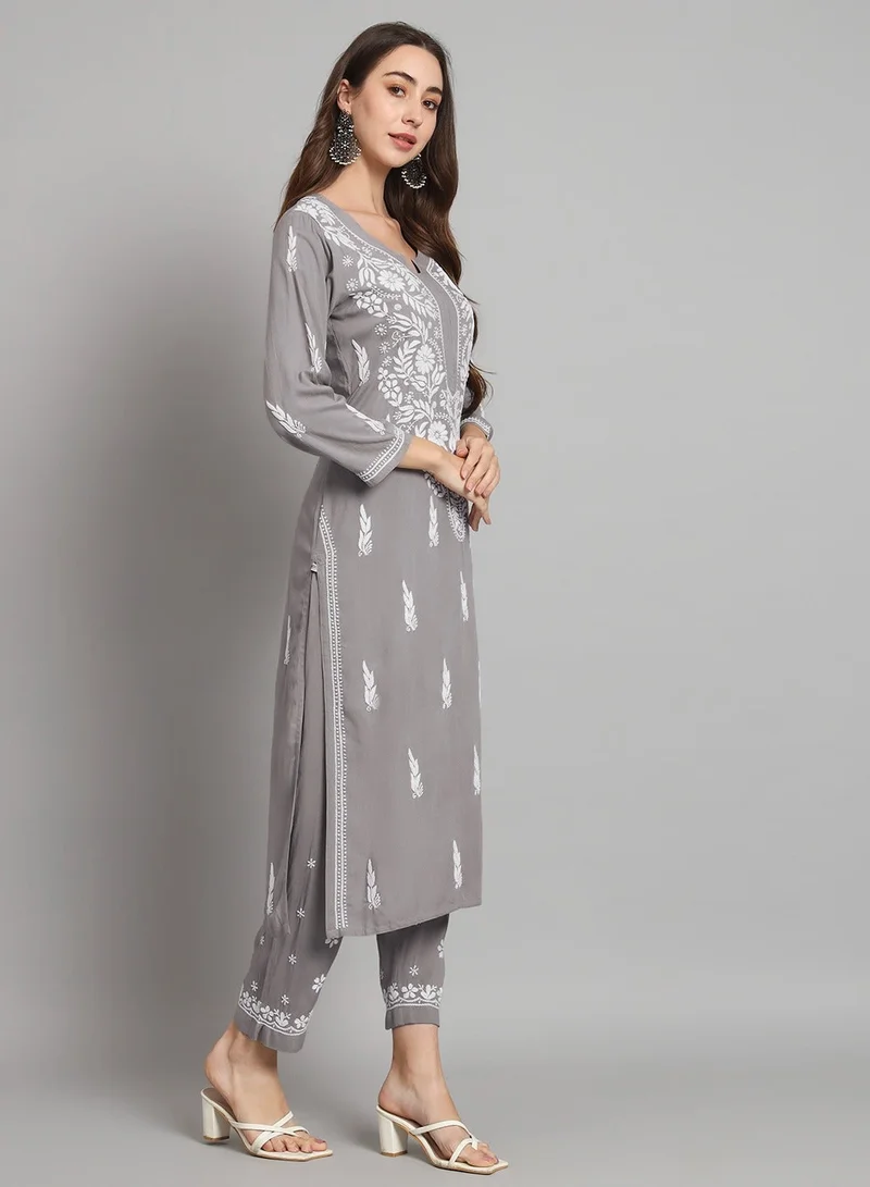 Alaya Grey Women Hand Embroidered Chikankari Cotton kurta set-AL3451KS for Women | Best Price UAE