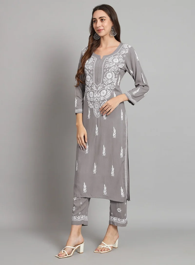 Alaya Grey Women Hand Embroidered Chikankari Cotton kurta set-AL3451KS for Women | Best Price UAE