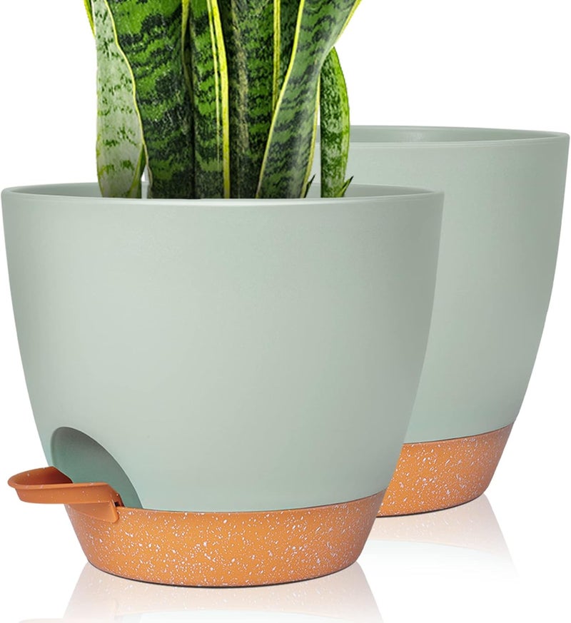 GARDIFE Plant Pots Set of 2 Pack 8 inch,Planters for Indoor Plants with Drainage Holes, Modern Decorative Flower Pots for All House Plants, Flowers, Green - Image 1