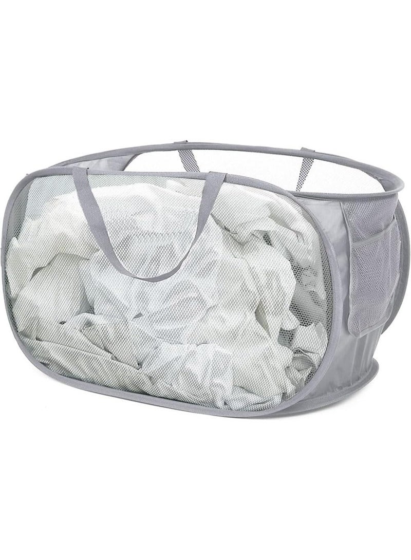 Collapsible Mesh Laundry Basket with Side Pocket, Pop Up Foldable Laundry Hamper, Durable Clothes Storage Basket with Reinforced Carry Handles for Bathroom, Bedroom, Kids Room, Dorm & Travel - Image 1