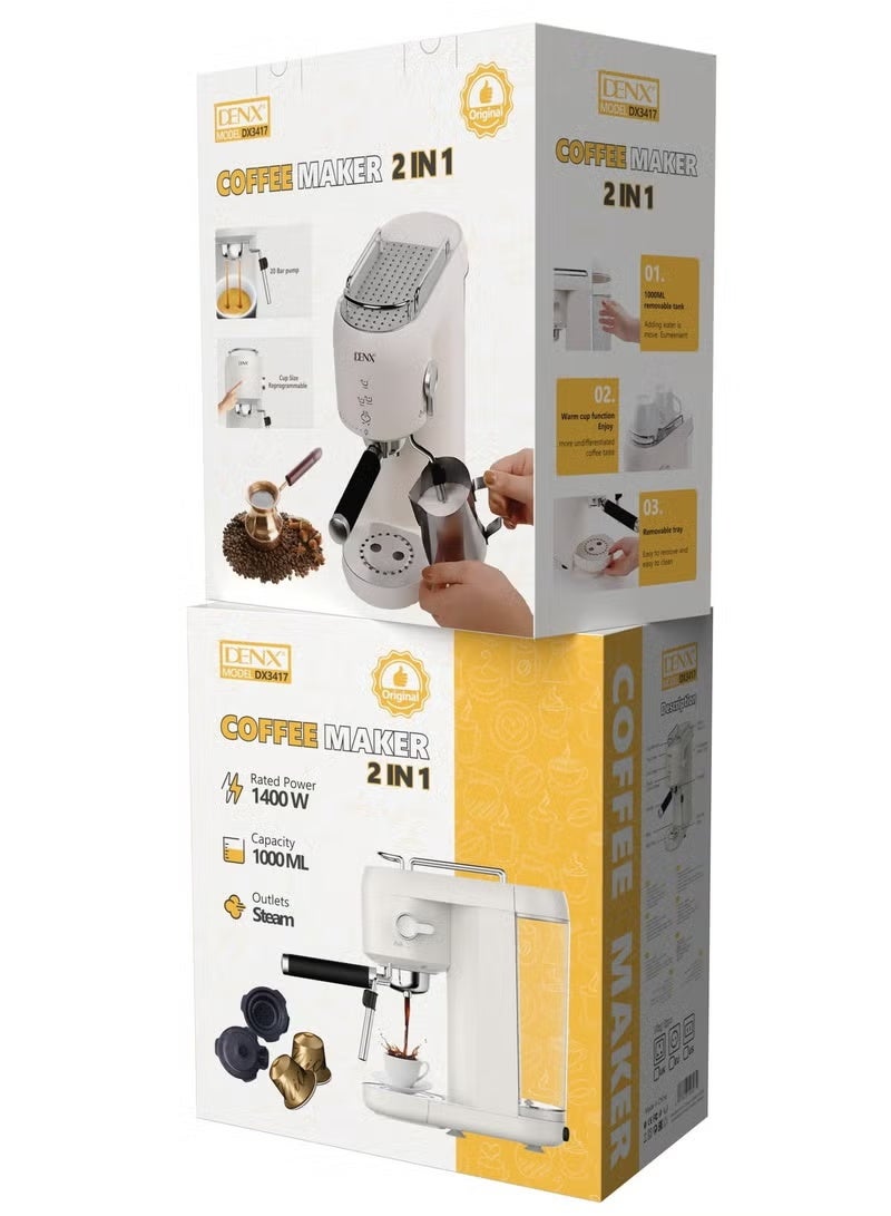 Denx 2-in-1 Coffee Maker – 20 Bar Pressure Automatic Espresso Machine with 1L Water Tank, Perfect for Lattes, Cappuccinos, and Specialty Coffee Drinks at Home or Office - Image 4