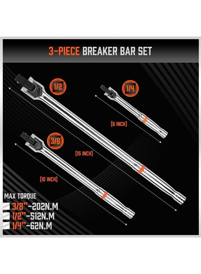 LAMAY 3PCS Breaker Bar Set, 1/4'', 3/8'' & 1/2'' Drive, Heavy Duty Breaker Bars, 6'', 10'', 15'' Length, with 180° Rotatable Head, Chrome Vanadium Steel Made. - Image 2