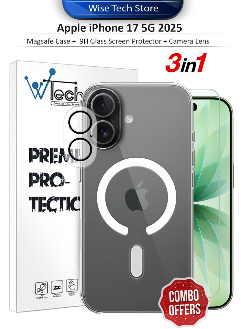 دبليو تيك هاتف آبل آيفون 17 5G لعام 2025 مع حزمة حماية 3 في 1، غطاء شفاف مضاد للصدمات مع ماجسيف، واقي شاشة زجاجي بصلابة 9H وحماية عدسة الكاميرا، حماية 360، تركيب سهل - شفاف - Image 1