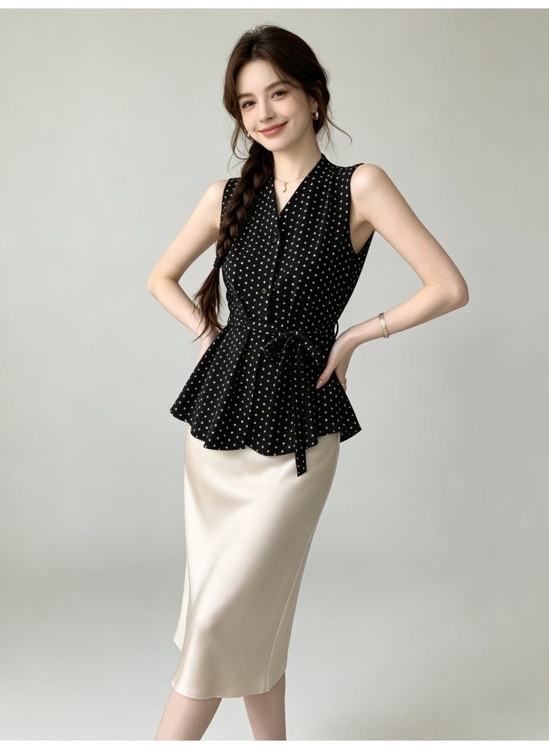 زارا ZARA Women’s Black White Polka Dot Sleeveless V-Neck Tie Waist Peplum Blouse - Image 3