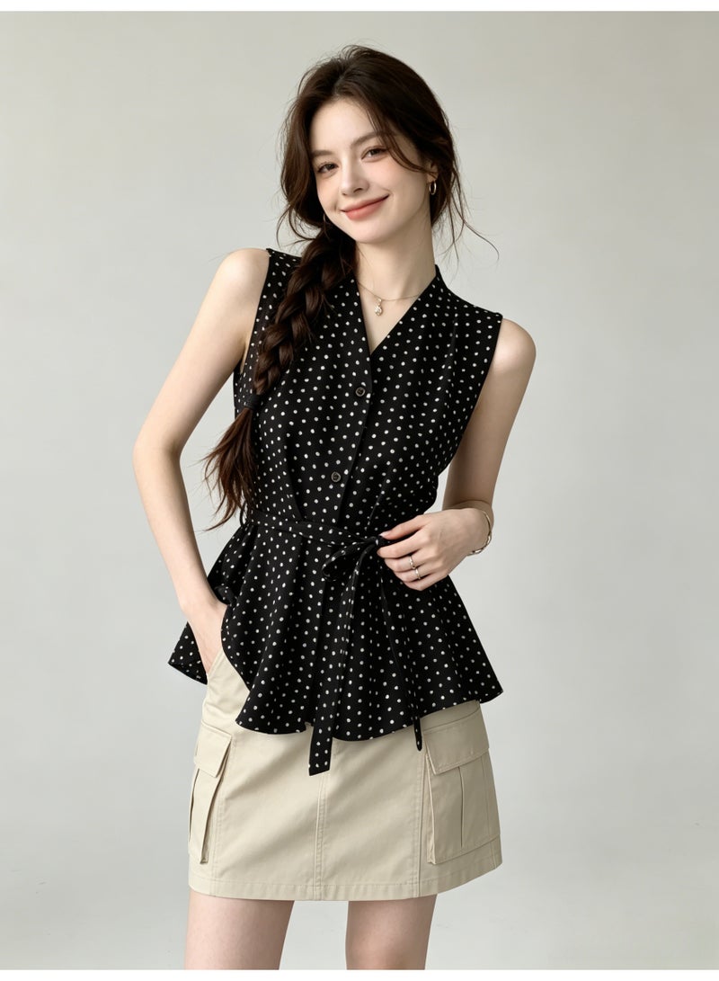 زارا ZARA Women’s Black White Polka Dot Sleeveless V-Neck Tie Waist Peplum Blouse - Image 1