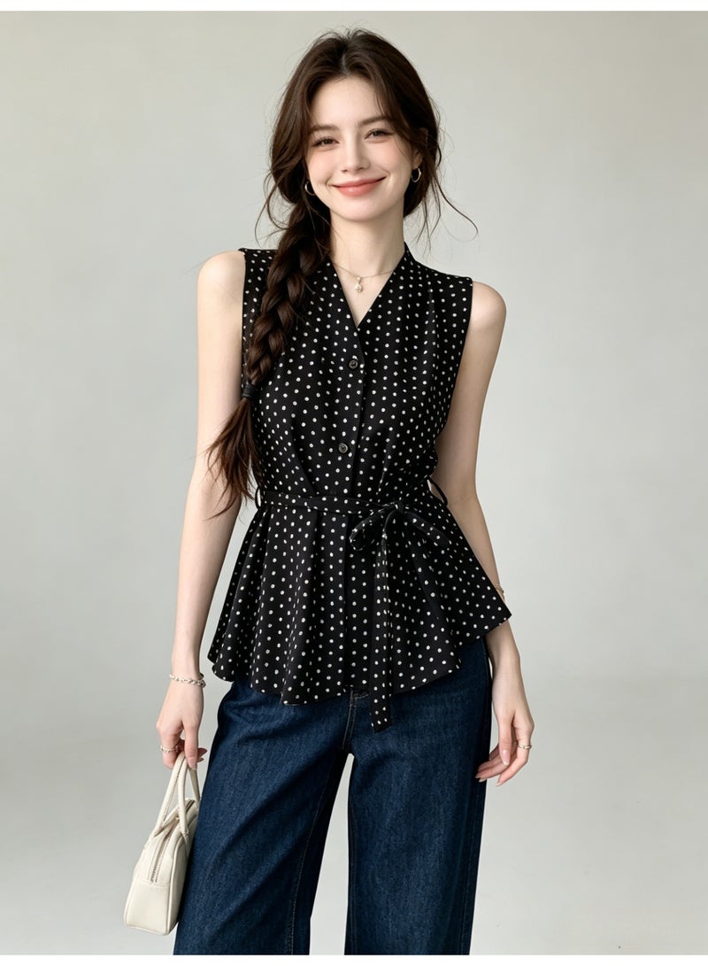 زارا ZARA Women’s Black White Polka Dot Sleeveless V-Neck Tie Waist Peplum Blouse - Image 4