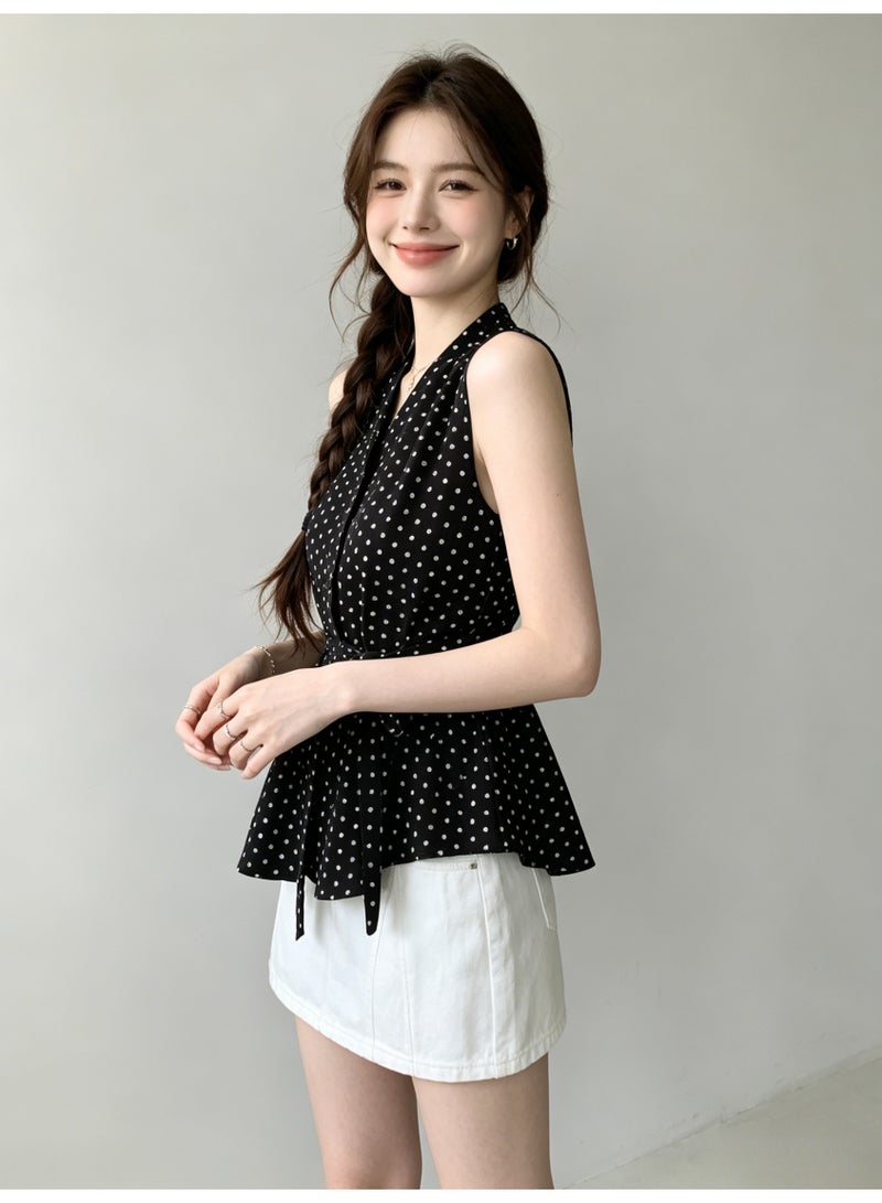 زارا ZARA Women’s Black White Polka Dot Sleeveless V-Neck Tie Waist Peplum Blouse - Image 5