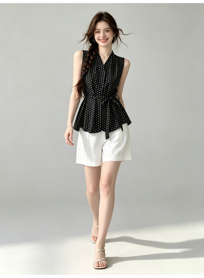 زارا ZARA Women’s Black White Polka Dot Sleeveless V-Neck Tie Waist Peplum Blouse - Image 2