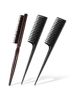 Patelai 3 Pieces Hair Teasing Comb Set Includes 2 Nylon Triple Teasing Comb Rat Tail Combs And Boar Bristle Teaser Brushes For Women Stylist Men Backcombing Slicking Curly Thick Wet Hair (Black)  - Image 1